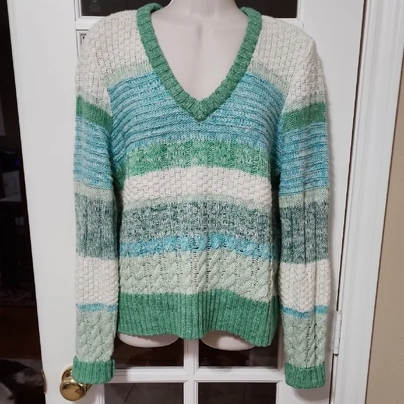 CAbi #6170 Mix Stitch V-Neck Sweater in Green and Blue - Picture 2 of 3